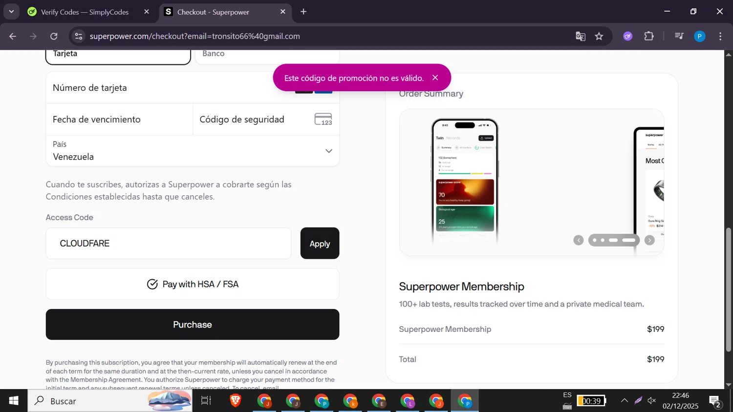 Superpower promo code screenshot showing code CLOUDFARE applied at Superpower checkout page. Uploaded by SimplyCodes community member VoucherDefender1570 on Dec 3, 2025