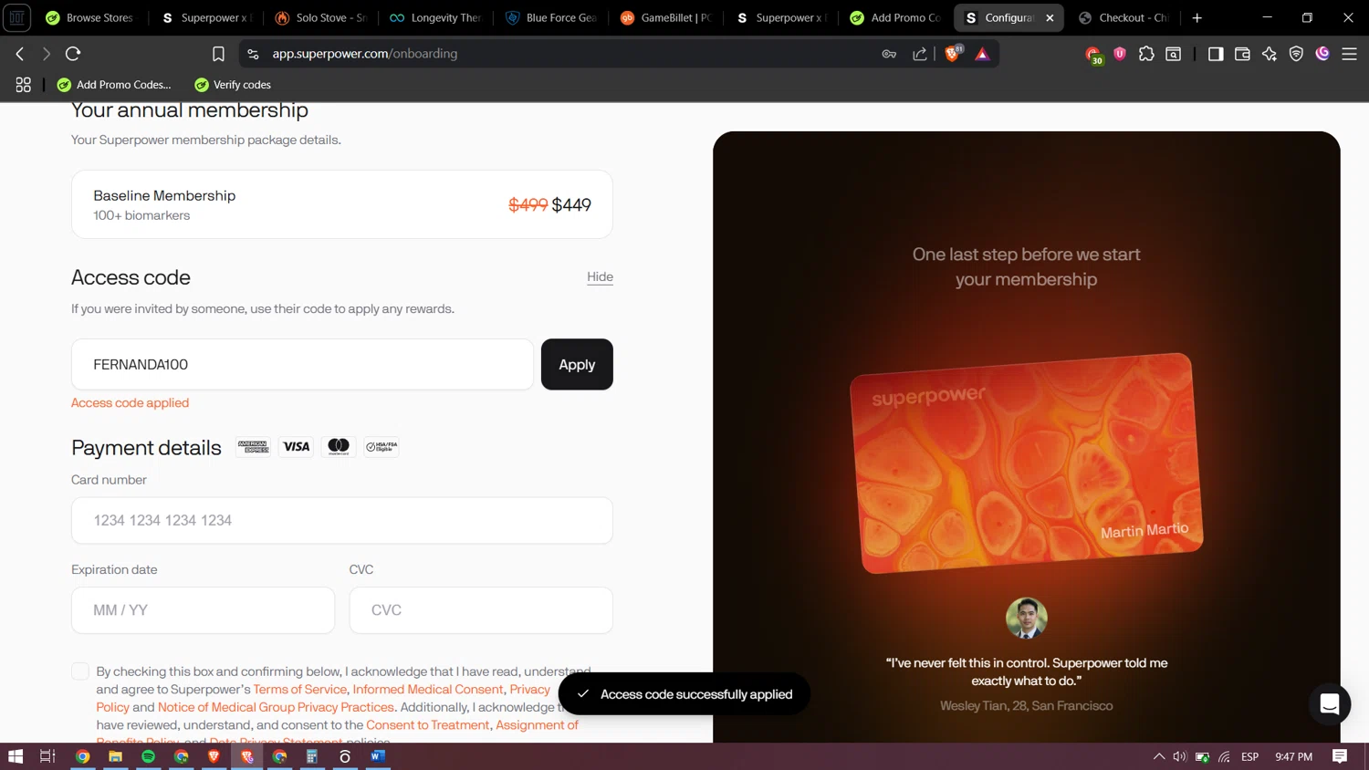 Superpower promo code screenshot showing code FERNANDA100 applied at Superpower checkout page. Uploaded by SimplyCodes community member yokoono10 on Jul 23, 2025