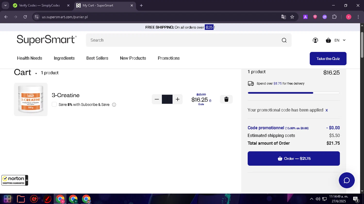 Supersmart US promo code screenshot showing code smart020 applied at Supersmart US checkout page. Uploaded by SimplyCodes community member GloriousMaestro4930 on Jun 27, 2025