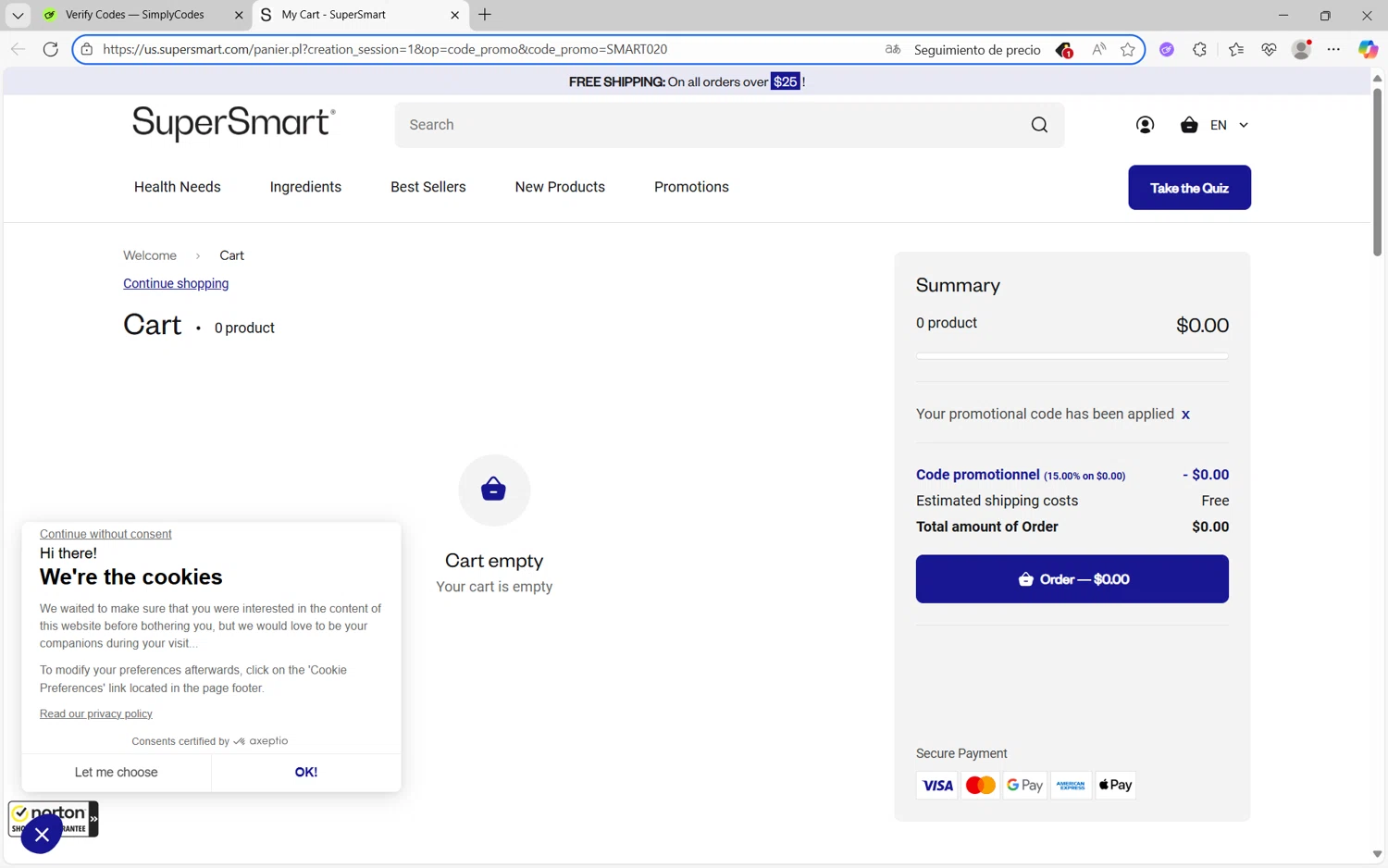 Supersmart US promo code screenshot showing code smart020 applied at Supersmart US checkout page. Uploaded by SimplyCodes community member Yuyu12 on Oct 31, 2025