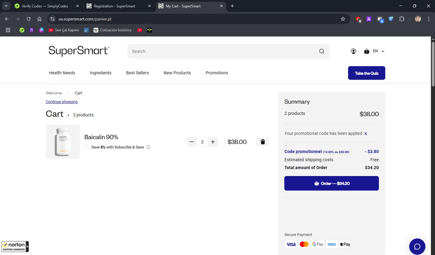 Supersmart US promo code screenshot showing code SUPERS10 applied at Supersmart US checkout page. Uploaded by SimplyCodes community member ROCKSORD_2 on Jun 13, 2025