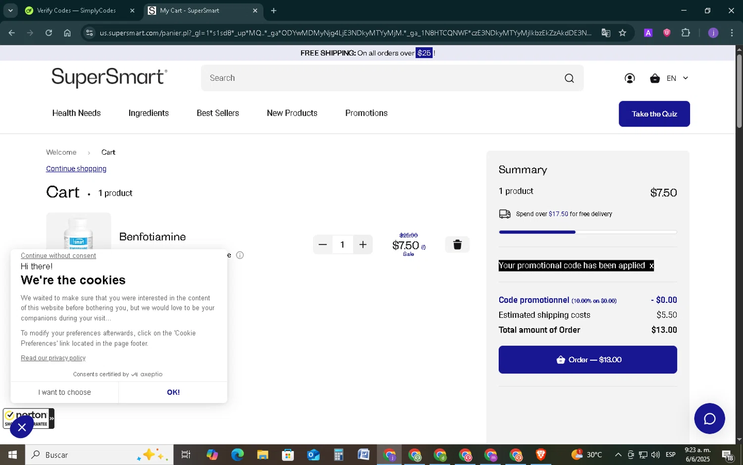 Supersmart US promo code screenshot showing code SUPERS10 applied at Supersmart US checkout page. Uploaded by SimplyCodes community member TAZ2024 on Jun 6, 2025