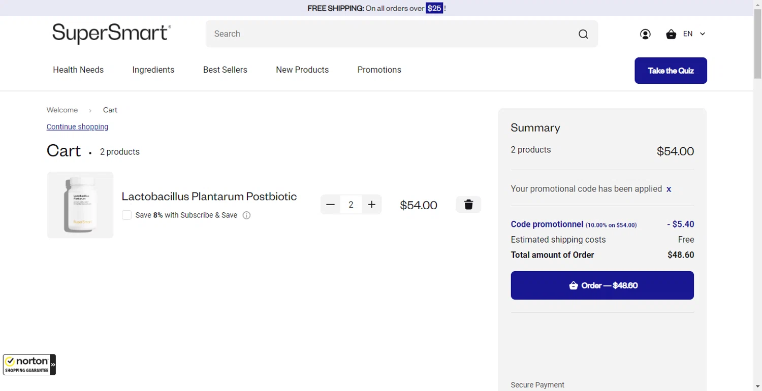 Supersmart US promo code screenshot showing code IMMUNE10 applied at Supersmart US checkout page. Uploaded by SimplyCodes community member DiscountTracker247 on Nov 1, 2025