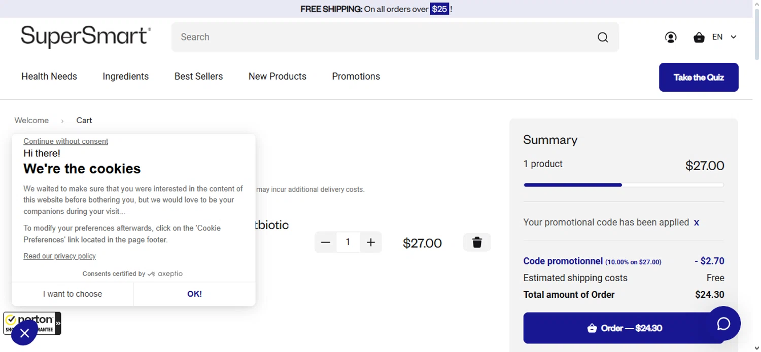 Supersmart US promo code screenshot showing code IMMUNE10 applied at Supersmart US checkout page. Uploaded by SimplyCodes community member Nubelinda on Jun 27, 2025