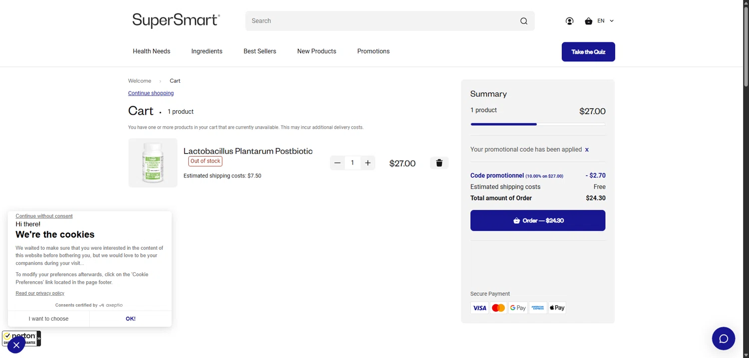 Supersmart US promo code screenshot showing code IMMUNE10 applied at Supersmart US checkout page. Uploaded by SimplyCodes community member TokenNavigator3088 on Jun 13, 2025