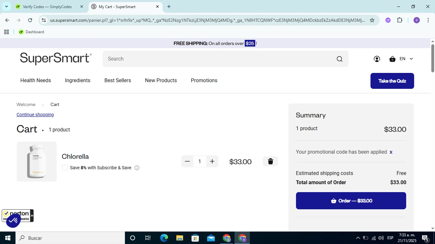 Supersmart US promo code screenshot showing code REINSC10 applied at Supersmart US checkout page. Uploaded by SimplyCodes community member Esteban14 on Nov 21, 2025