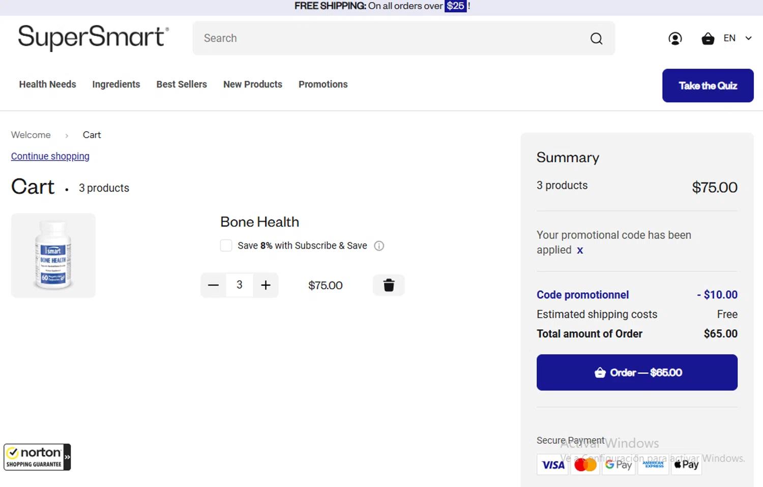 Supersmart US promo code screenshot showing code REINSC10 applied at Supersmart US checkout page. Uploaded by SimplyCodes community member Gary_23 on Oct 19, 2025