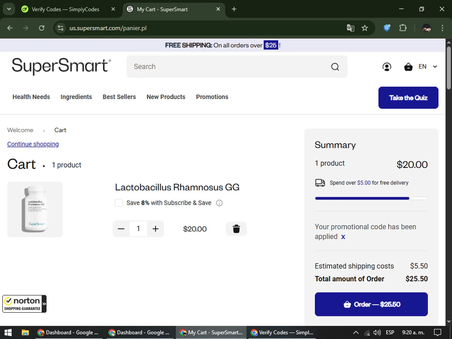 Supersmart US checkout page showing Supersmart US promo code box | Screenshot taken by SimplyCodes community member on Jan 4, 2026