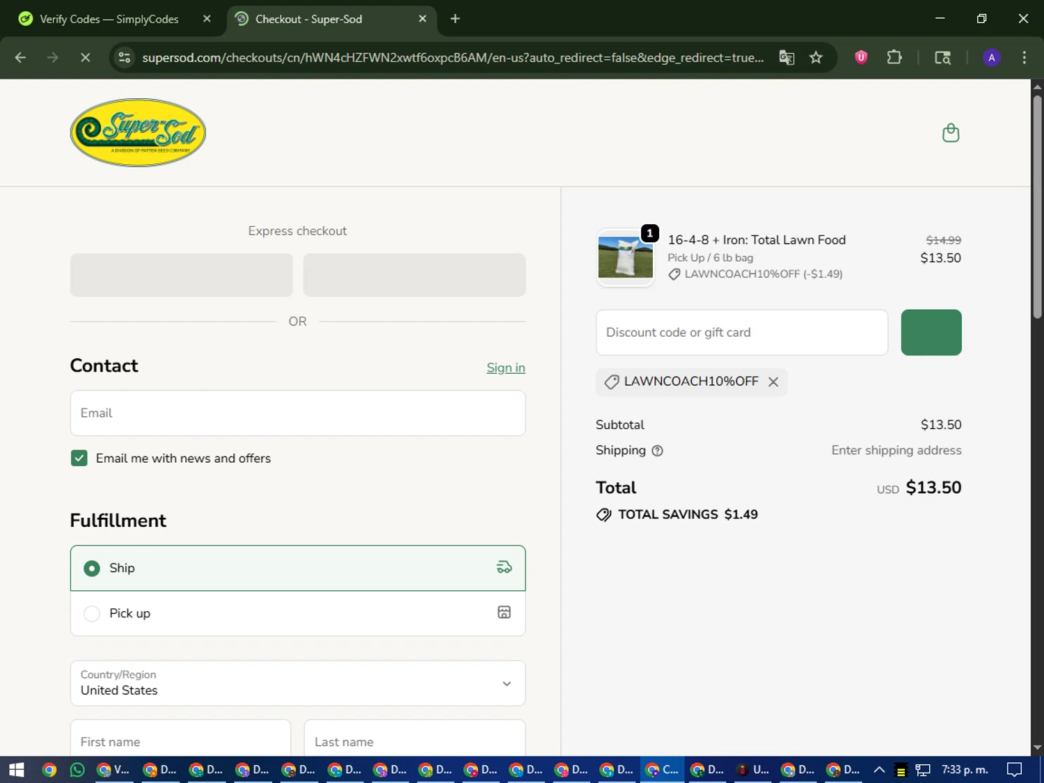 Super-Sod discount code screenshot showing code LawnCoach10%off applied at Super-Sod checkout page. Uploaded by SimplyCodes community member MagnificentWarden4603 on Oct 27, 2025