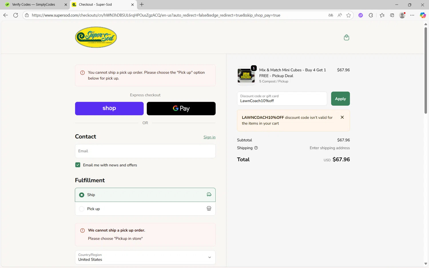 Super-Sod discount code screenshot showing code LawnCoach10%off applied at Super-Sod checkout page. Uploaded by SimplyCodes community member Yuyu12 on Oct 3, 2025