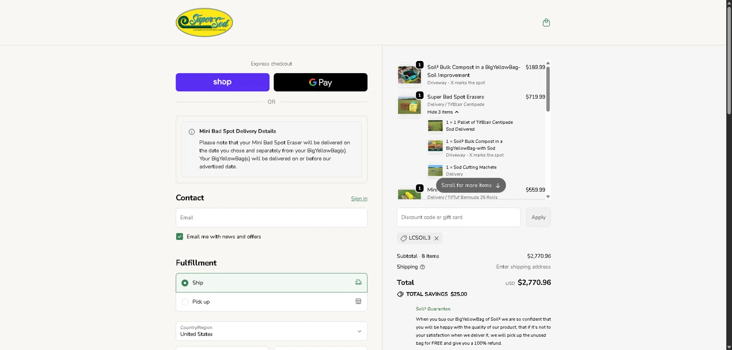 Super-Sod discount code screenshot showing code LCSOIL3 applied at Super-Sod checkout page. Uploaded by SimplyCodes community member BargainCurator5453 on Dec 5, 2025