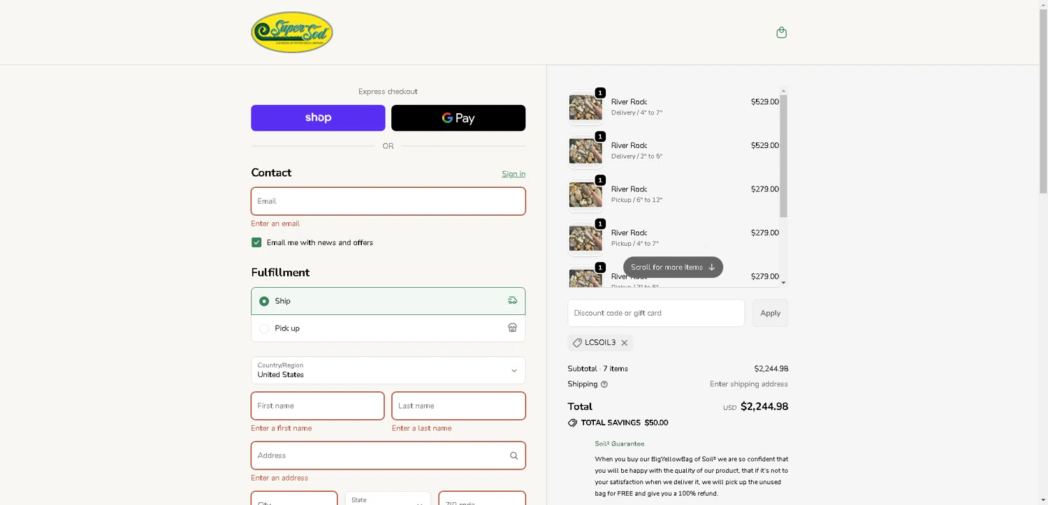 Super-Sod discount code screenshot showing code LCSOIL3 applied at Super-Sod checkout page. Uploaded by SimplyCodes community member SwiftLynx7415 on Oct 12, 2025