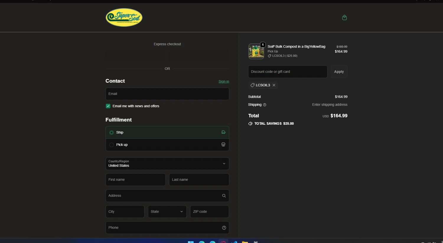Super-Sod discount code screenshot showing code LCSOIL3 applied at Super-Sod checkout page. Uploaded by SimplyCodes community member chepipi on Sep 29, 2025