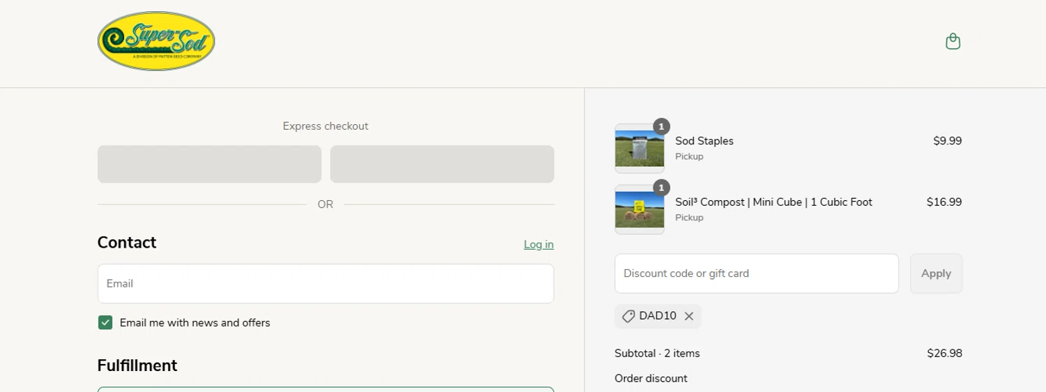 Super-Sod discount code screenshot showing code DAD10 applied at Super-Sod checkout page. Uploaded by SimplyCodes community member ashe1986 on Jun 10, 2025