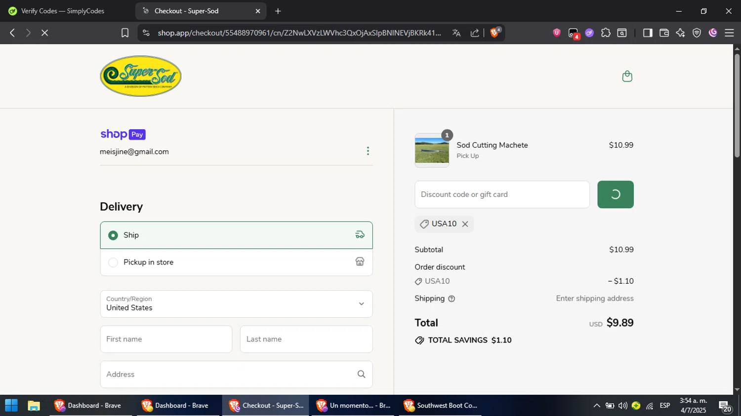 Super-Sod discount code screenshot showing code USA10 applied at Super-Sod checkout page. Uploaded by SimplyCodes community member RebateCaptain6440 on Jul 4, 2025