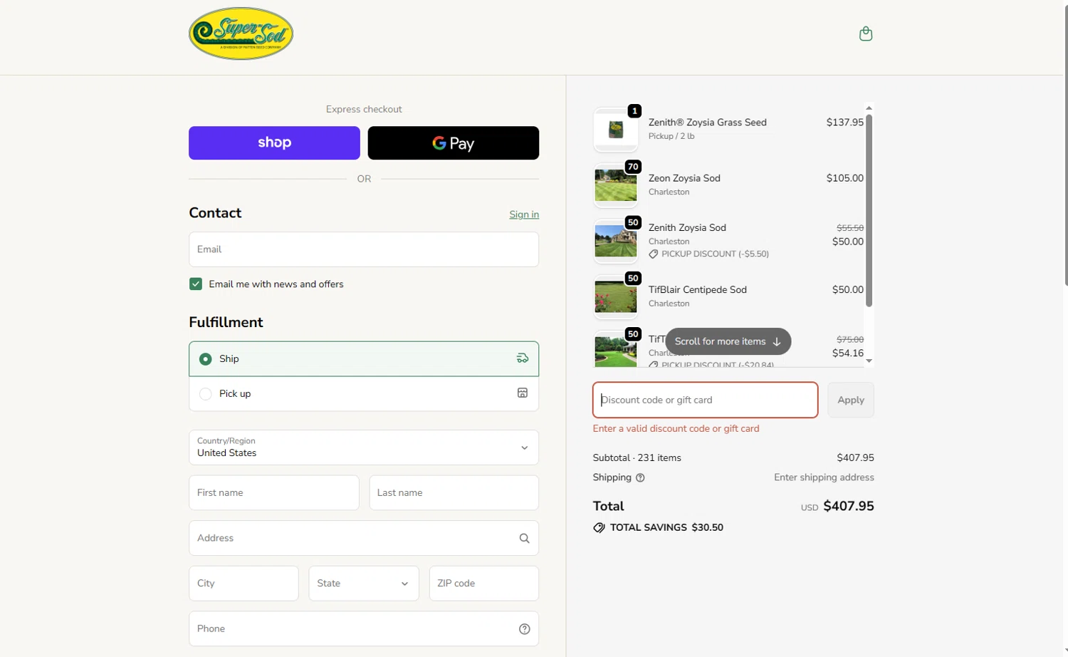Super-Sod discount code screenshot showing code TEXAS15 applied at Super-Sod checkout page. Uploaded by SimplyCodes community member Scarleth_2GGD on Oct 23, 2025