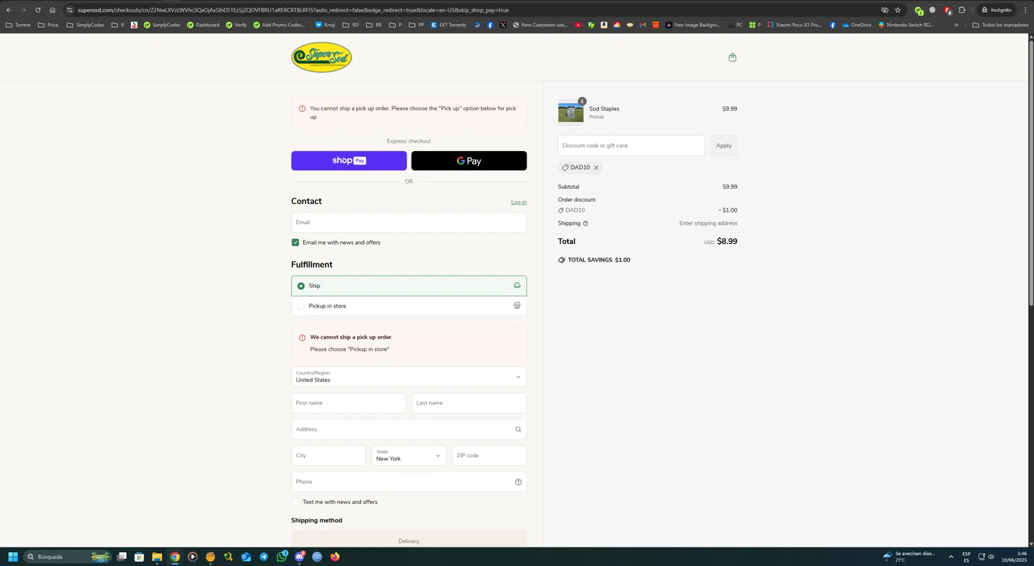 Super-Sod discount code screenshot showing code DAD10 applied at Super-Sod checkout page. Uploaded by SimplyCodes community member UnkNownVnzla on Jun 10, 2025