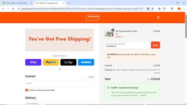 Superspace checkout page showing Superspace discount code box | Screenshot taken by SimplyCodes community member on Sep 7, 2025