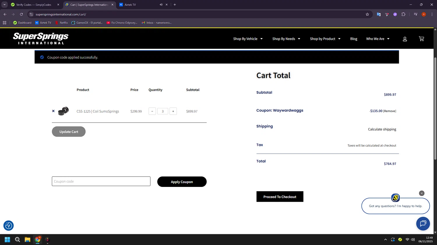 SuperSprings International coupon code screenshot showing code WAYWARDWAGGS applied at SuperSprings International checkout page. Uploaded by SimplyCodes community member BudgetShopper182 on Nov 6, 2025