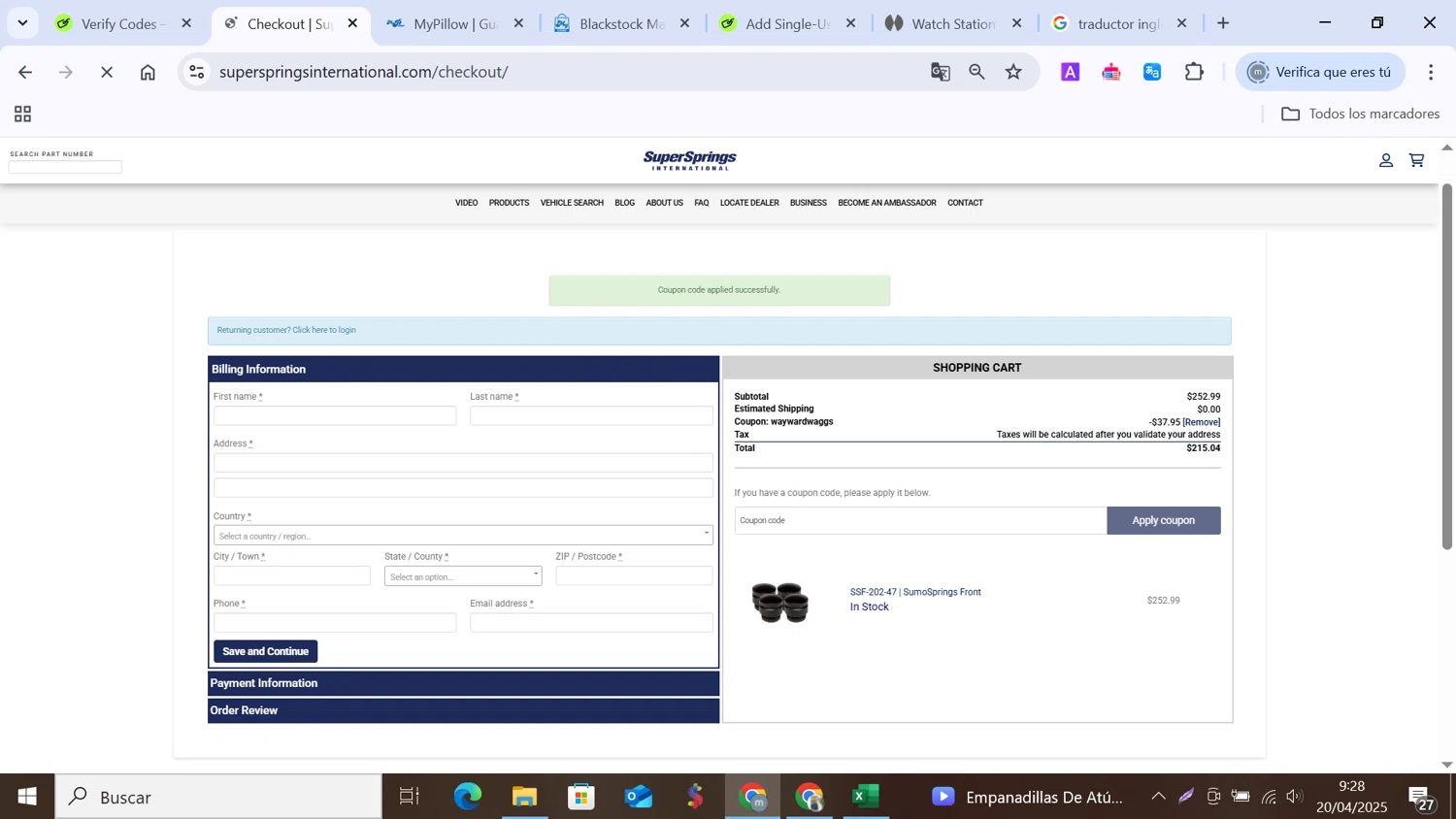 SuperSprings International coupon code screenshot showing code WAYWARDWAGGS applied at SuperSprings International checkout page. Uploaded by SimplyCodes community member MANUELURBINA on Apr 20, 2025
