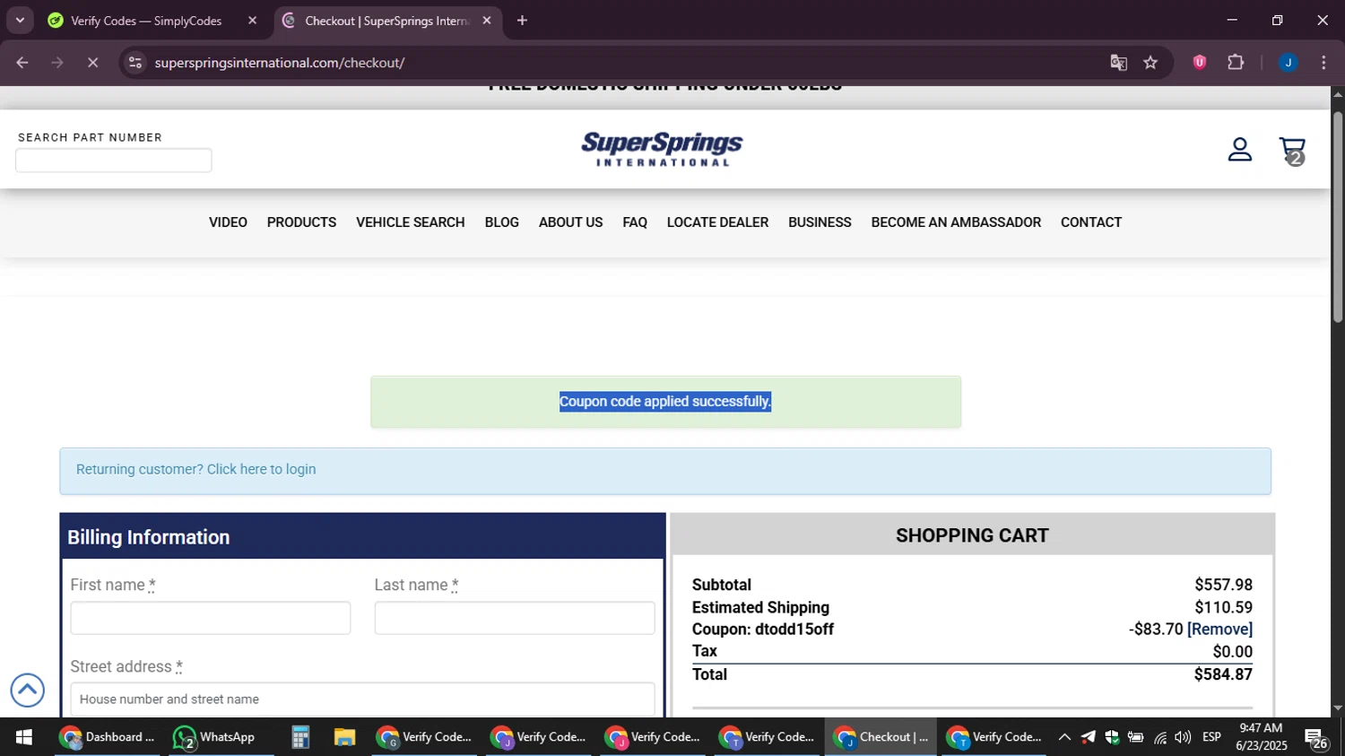 SuperSprings International coupon code screenshot showing code DTODD15OFF applied at SuperSprings International checkout page. Uploaded by SimplyCodes community member noesmith34ur on Jun 23, 2025