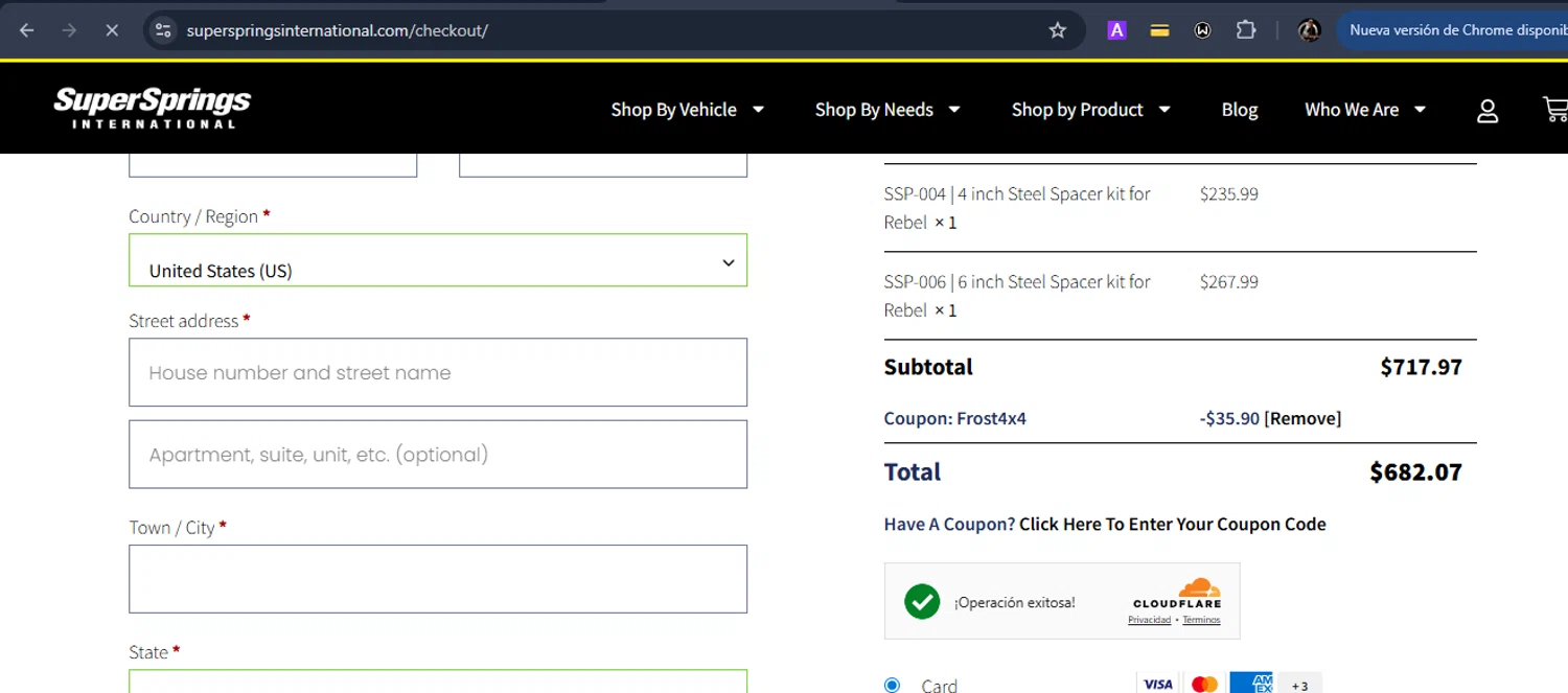 SuperSprings International checkout page showing SuperSprings International coupon code box | Screenshot taken by SimplyCodes community member on Feb 8, 2026