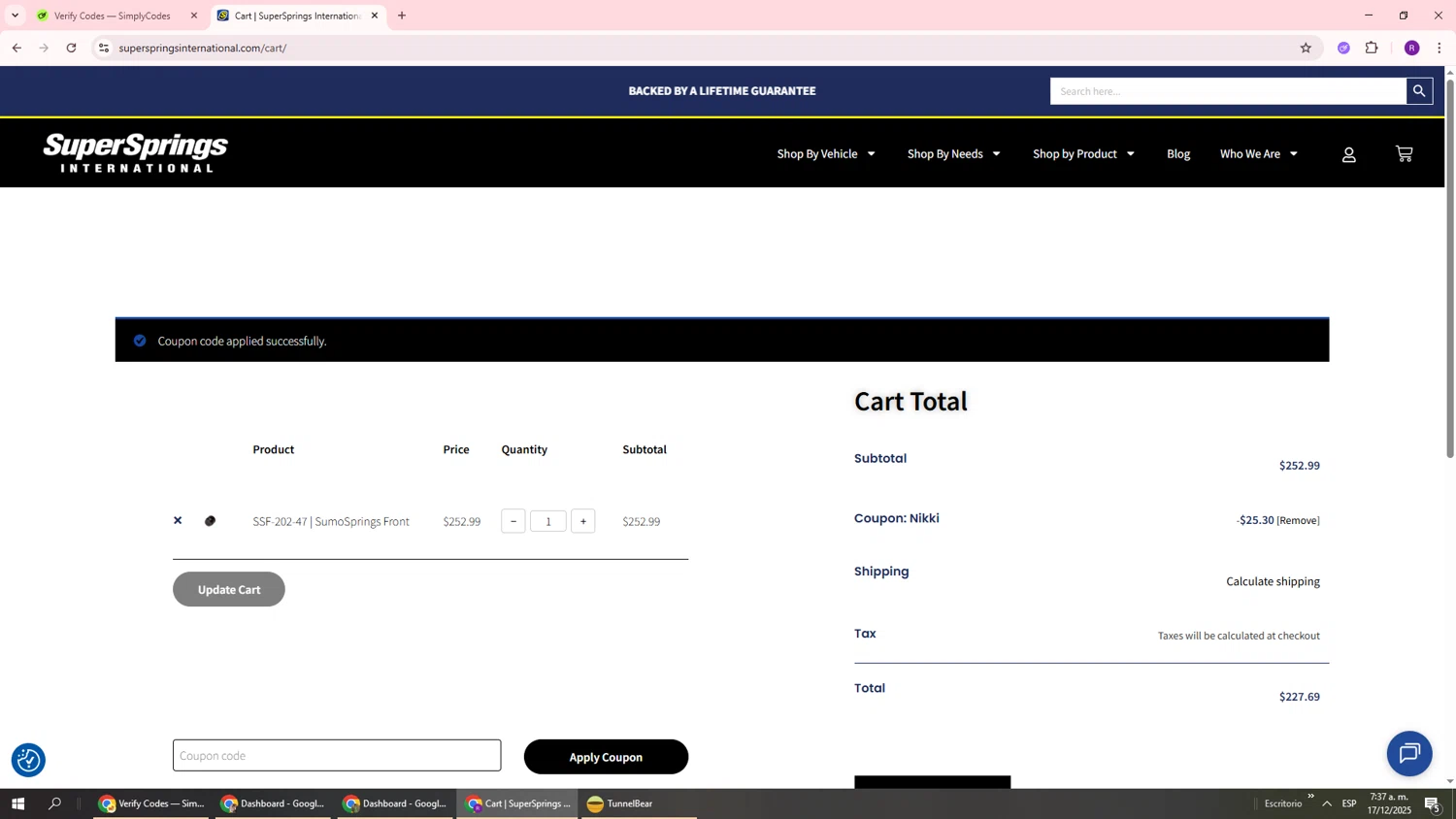 SuperSprings International checkout page showing SuperSprings International coupon code box | Screenshot taken by SimplyCodes community member on Dec 17, 2025
