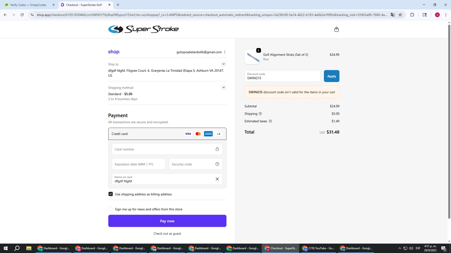 Super Strokeusa USA promo code screenshot showing code SWING15 applied at Super Strokeusa USA checkout page. Uploaded by SimplyCodes community member BMWGS1200 on Sep 29, 2025