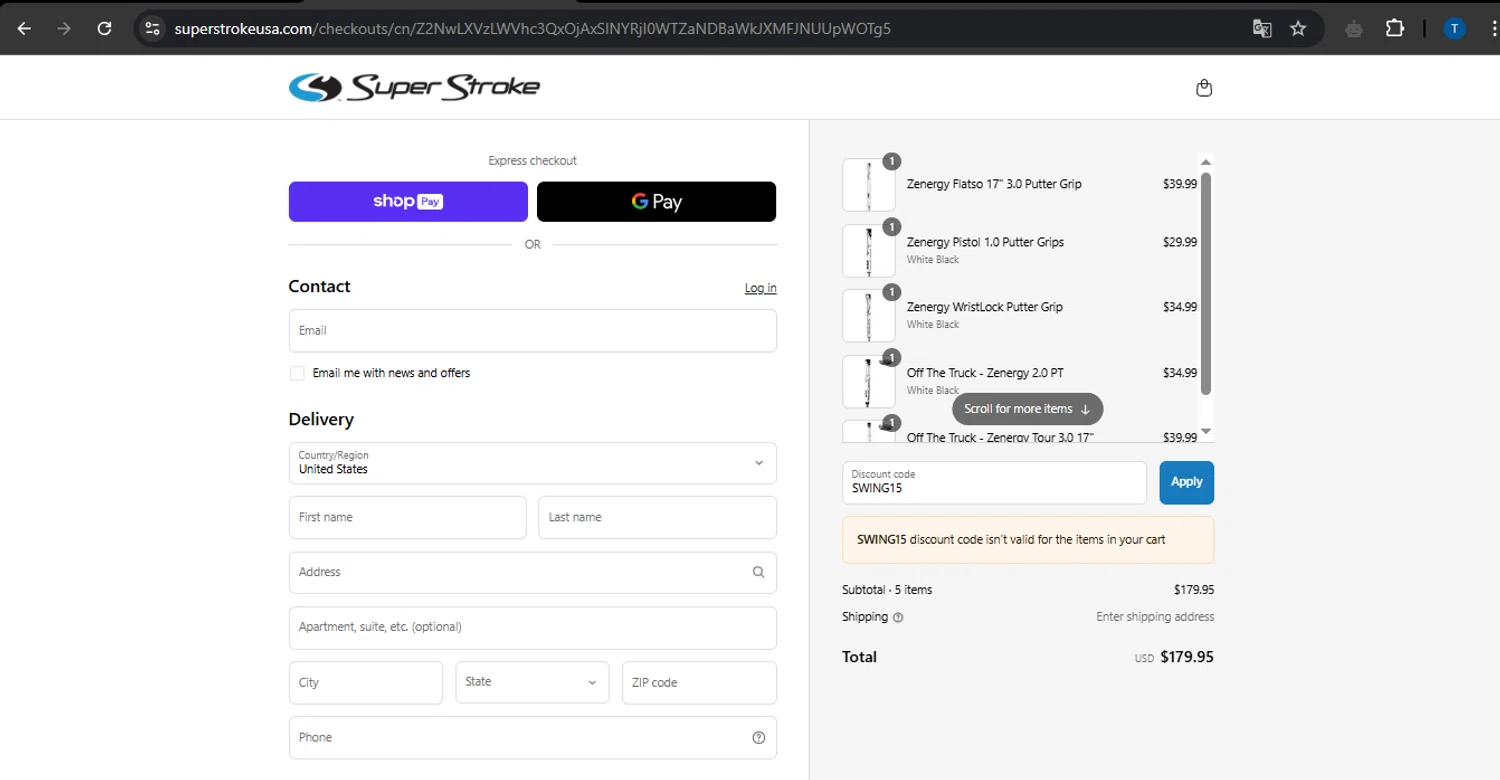 Super Strokeusa USA promo code screenshot showing code SWING15 applied at Super Strokeusa USA checkout page. Uploaded by SimplyCodes community member PrimeTitan1837 on Apr 28, 2025