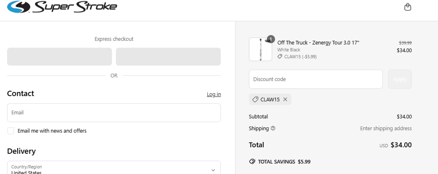 Super Strokeusa USA promo code screenshot showing code CLAW15 applied at Super Strokeusa USA checkout page. Uploaded by SimplyCodes community member CouponFox1822 on May 27, 2025