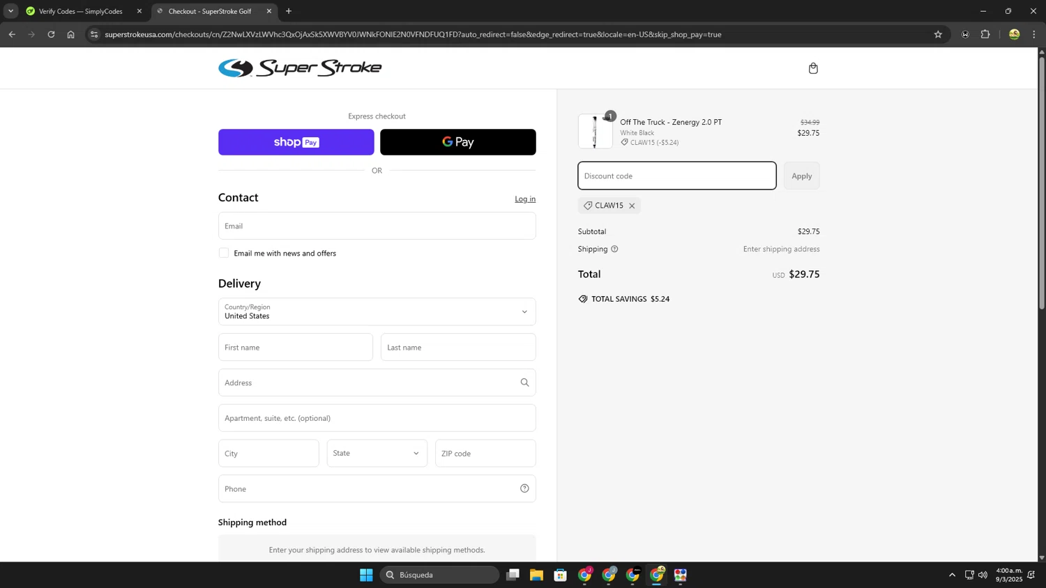 Super Strokeusa USA promo code screenshot showing code CLAW15 applied at Super Strokeusa USA checkout page. Uploaded by SimplyCodes community member Leoncio on Mar 9, 2025