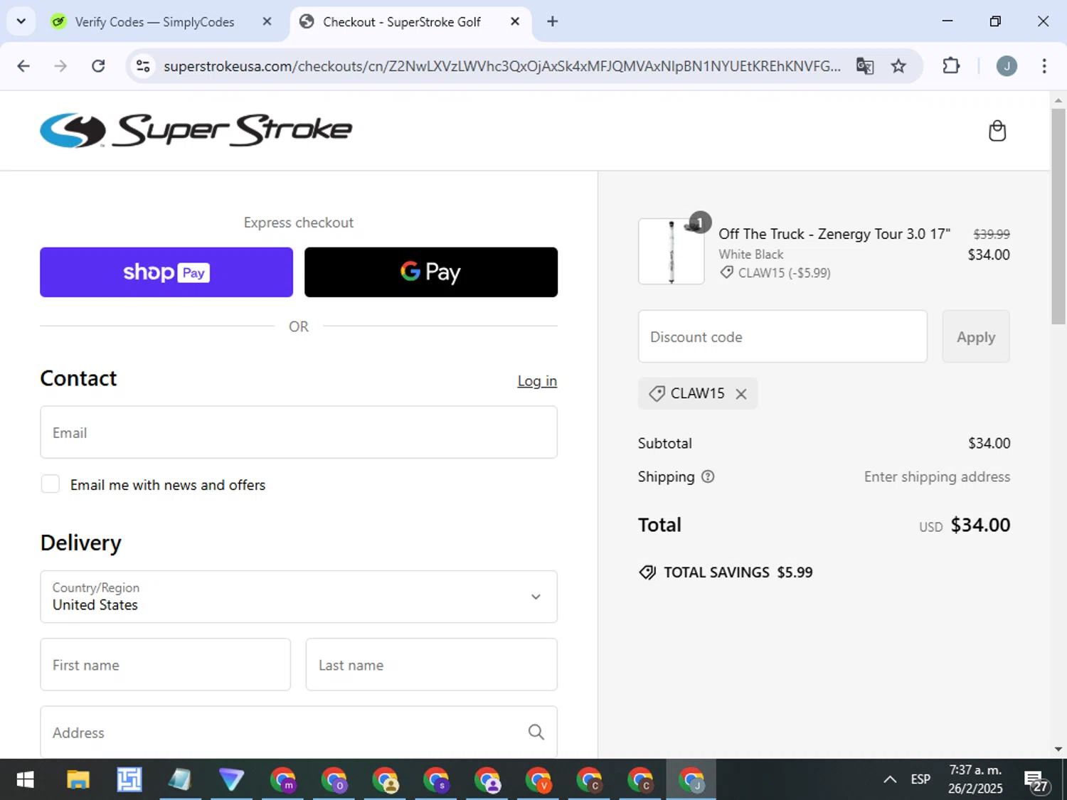 Super Strokeusa USA promo code screenshot showing code CLAW15 applied at Super Strokeusa USA checkout page. Uploaded by SimplyCodes community member ValueTracker8384 on Feb 26, 2025