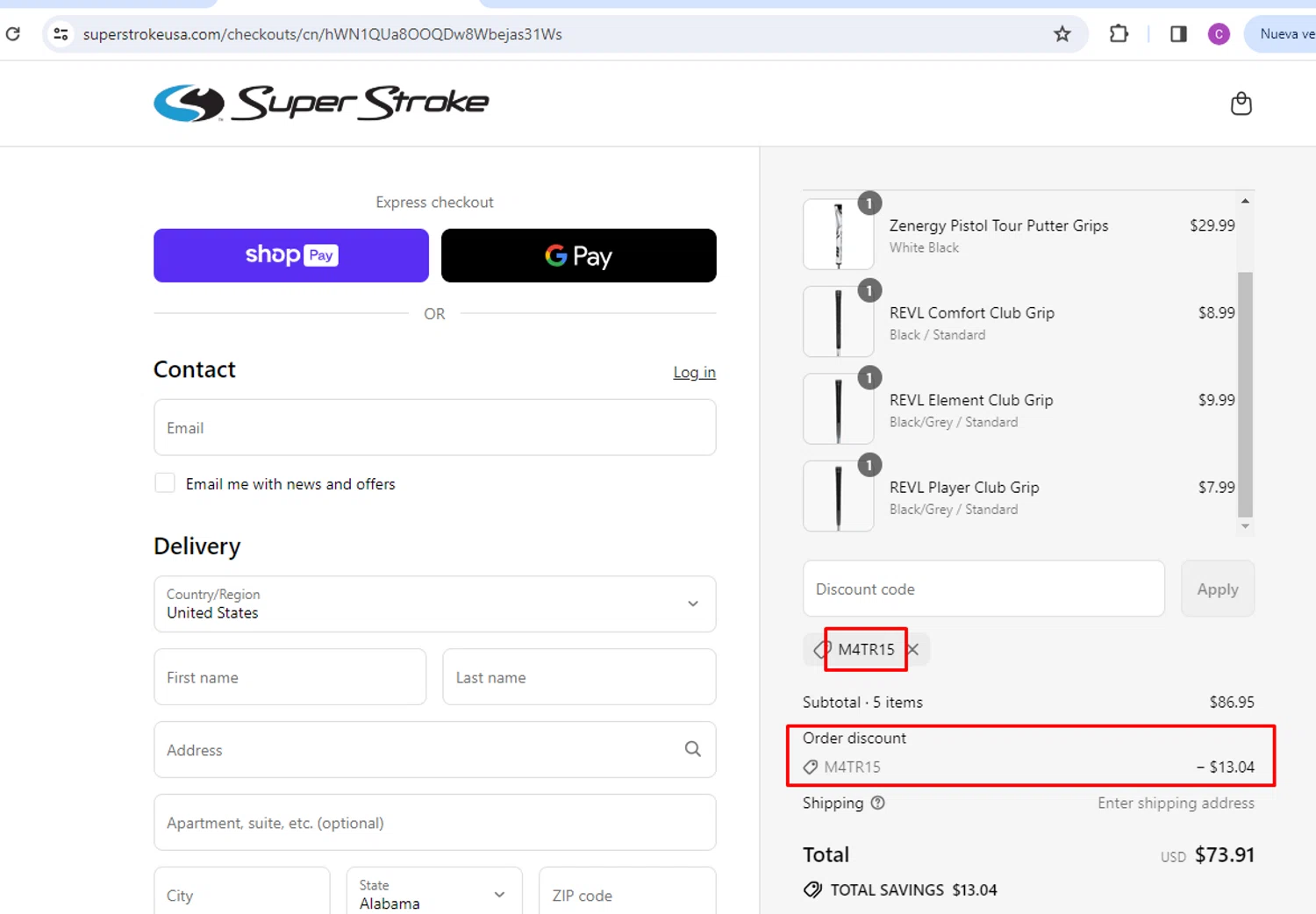 Super Strokeusa USA promo code screenshot showing code M4TR15 applied at Super Strokeusa USA checkout page. Uploaded by SimplyCodes community member nileskamarcano on Aug 4, 2025