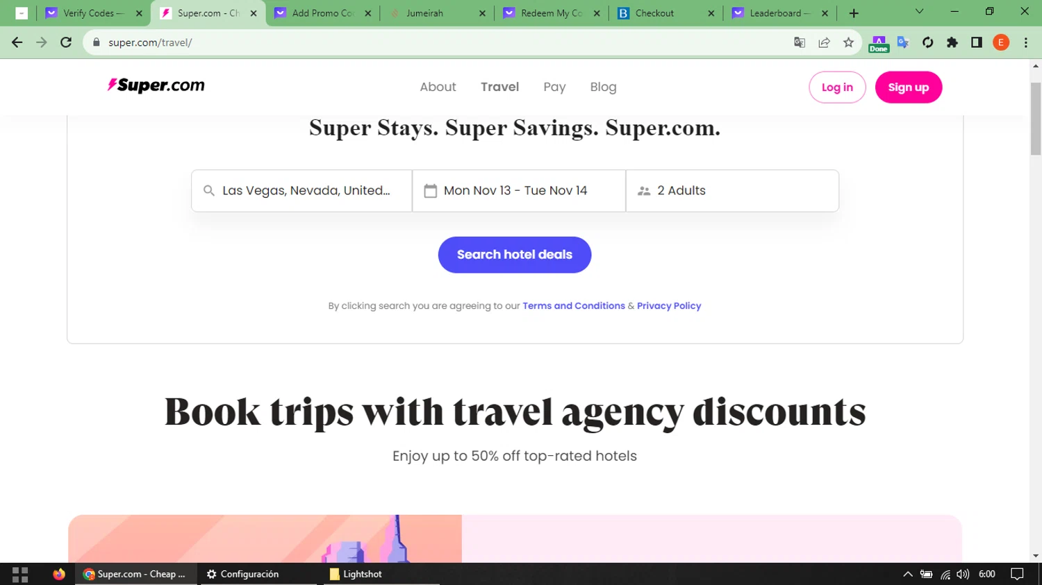 Super Travel checkout page showing Super Travel promo code box | Screenshot taken by SimplyCodes community member on Nov 13, 2023