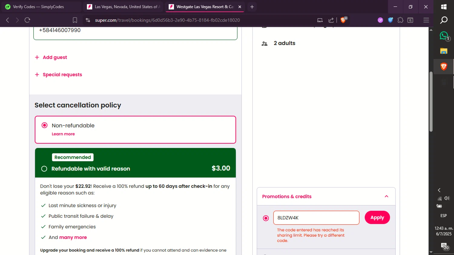 Super Travel promo code screenshot showing code 8LDZW4K applied at Super Travel checkout page. Uploaded by SimplyCodes community member xXdevoragoticas69Xx on Jul 6, 2025