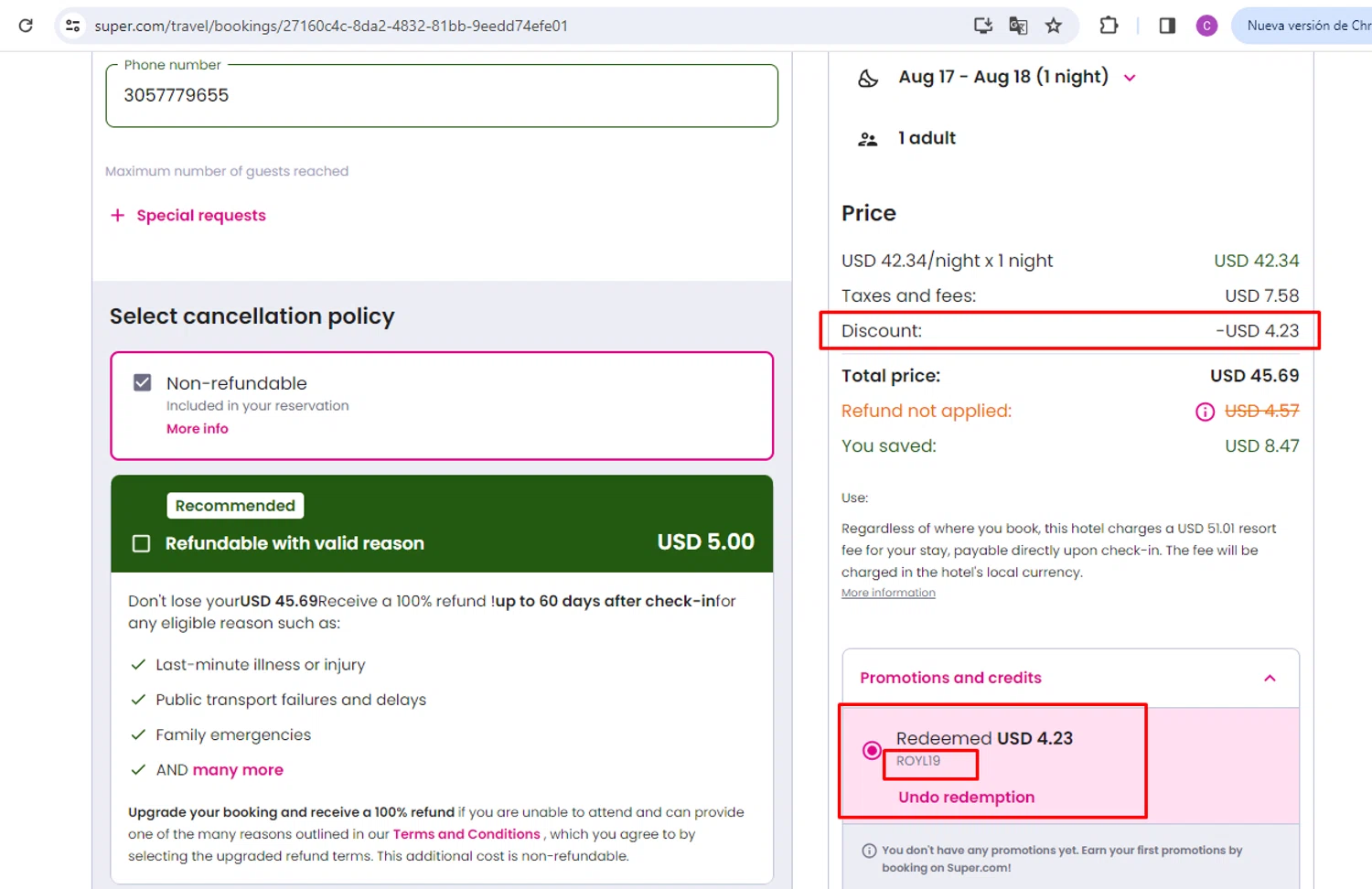 Super Travel promo code screenshot showing code ROYL19 applied at Super Travel checkout page. Uploaded by SimplyCodes community member nileskamarcano on Aug 17, 2025