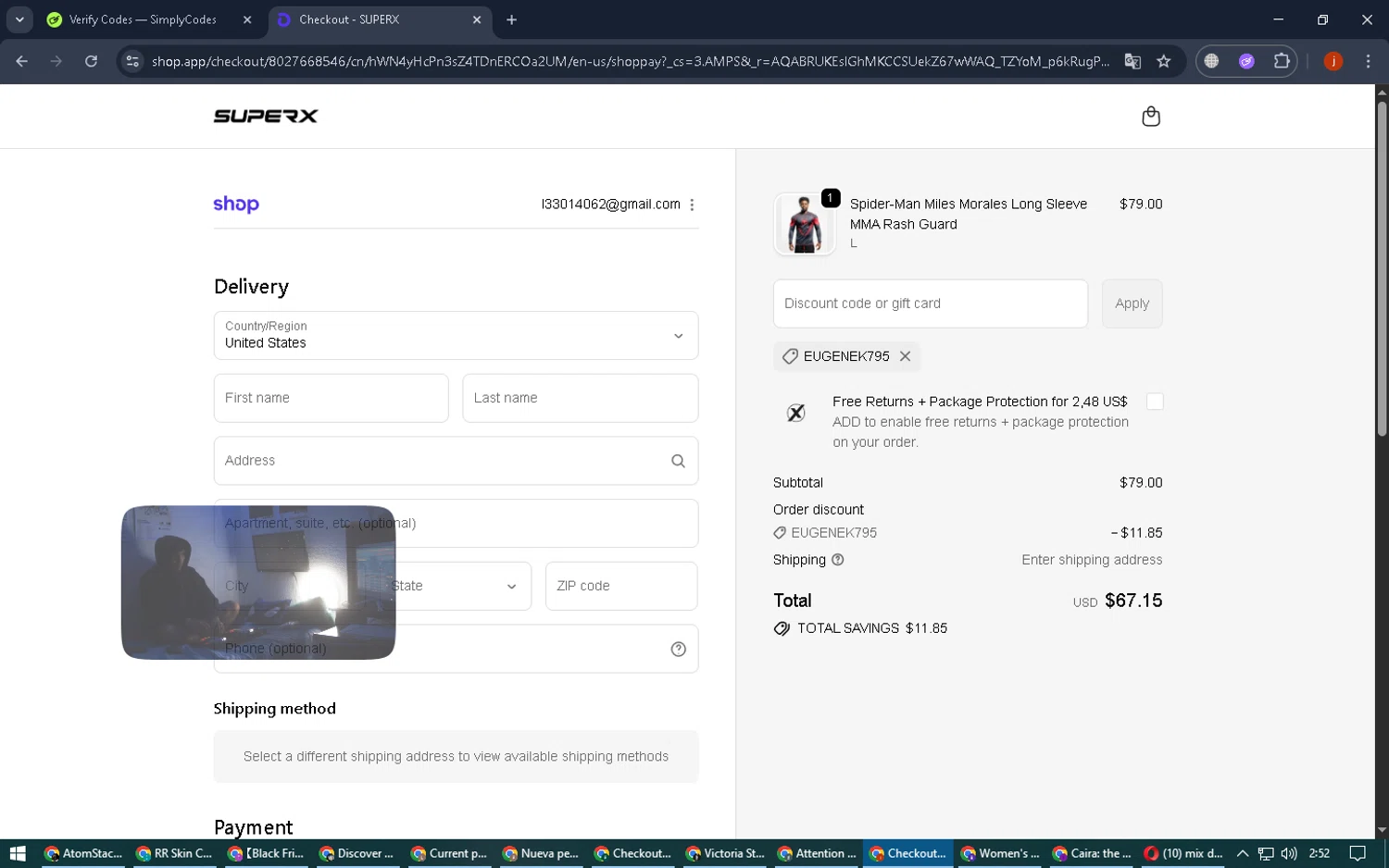 SuperX discount code screenshot showing code EUGENEK795 applied at SuperX checkout page. Uploaded by SimplyCodes community member FortunateGenius936 on Nov 6, 2025