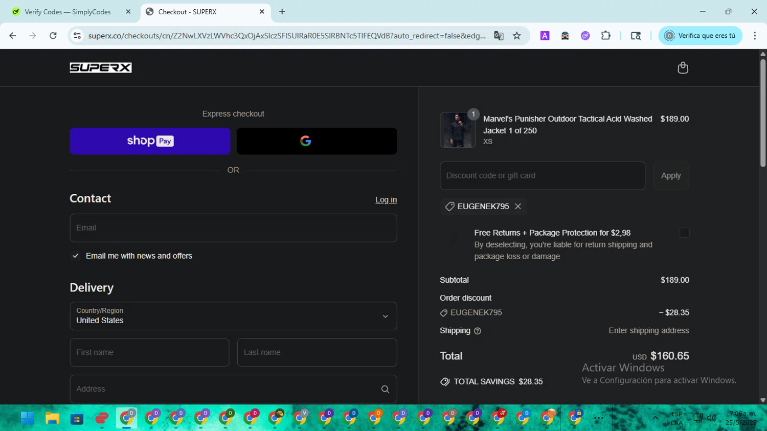 SuperX discount code screenshot showing code EUGENEK795 applied at SuperX checkout page. Uploaded by SimplyCodes community member ScanMaven5756 on May 25, 2025