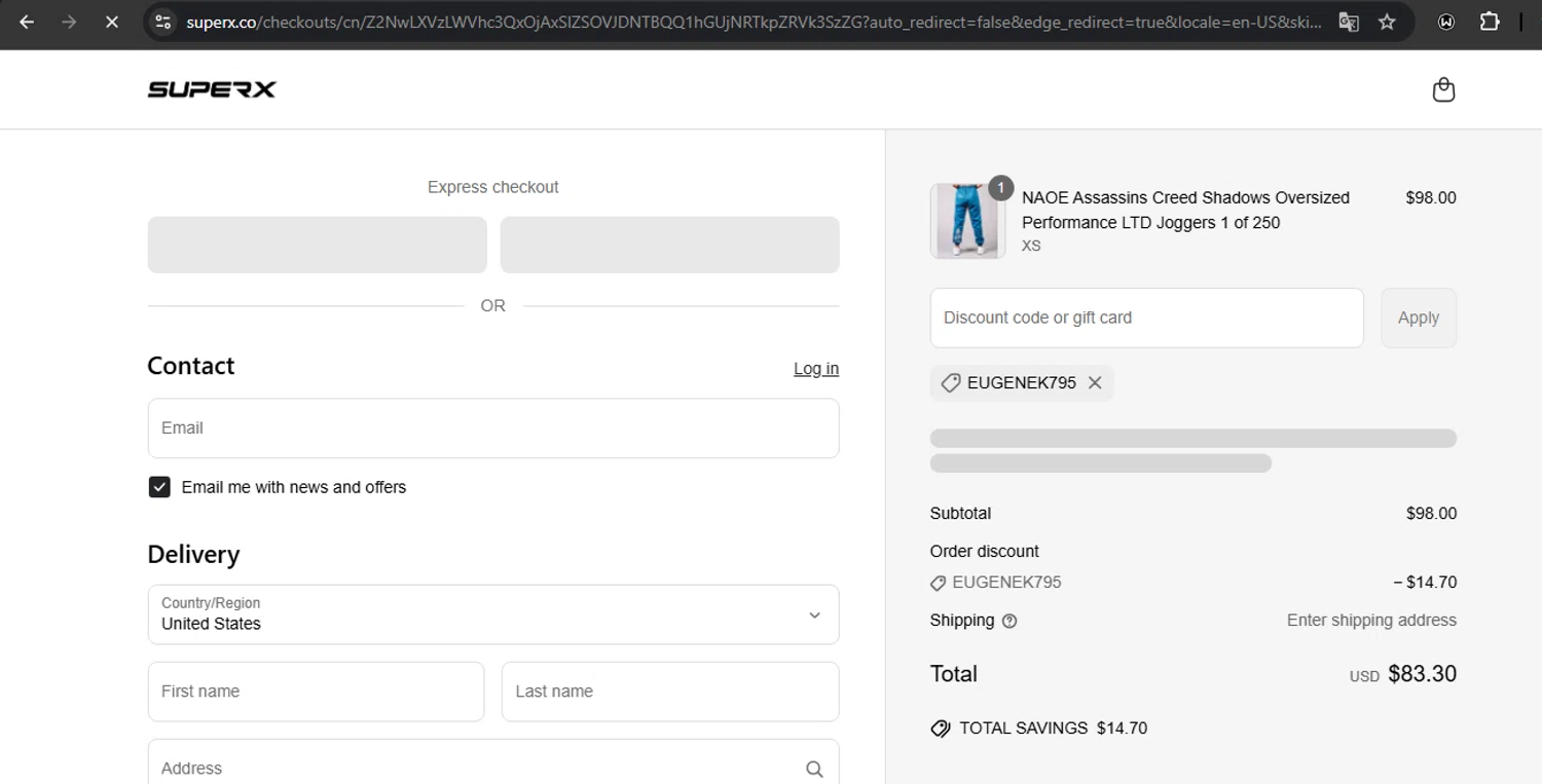 SuperX discount code screenshot showing code EUGENEK795 applied at SuperX checkout page. Uploaded by SimplyCodes community member RoyalSpotter5217 on May 21, 2025