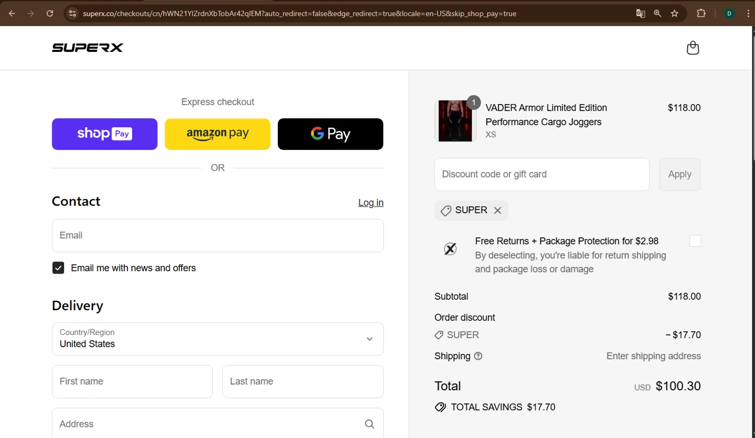 SuperX discount code screenshot showing code SUPER applied at SuperX checkout page. Uploaded by SimplyCodes community member drevin007 on Aug 20, 2025