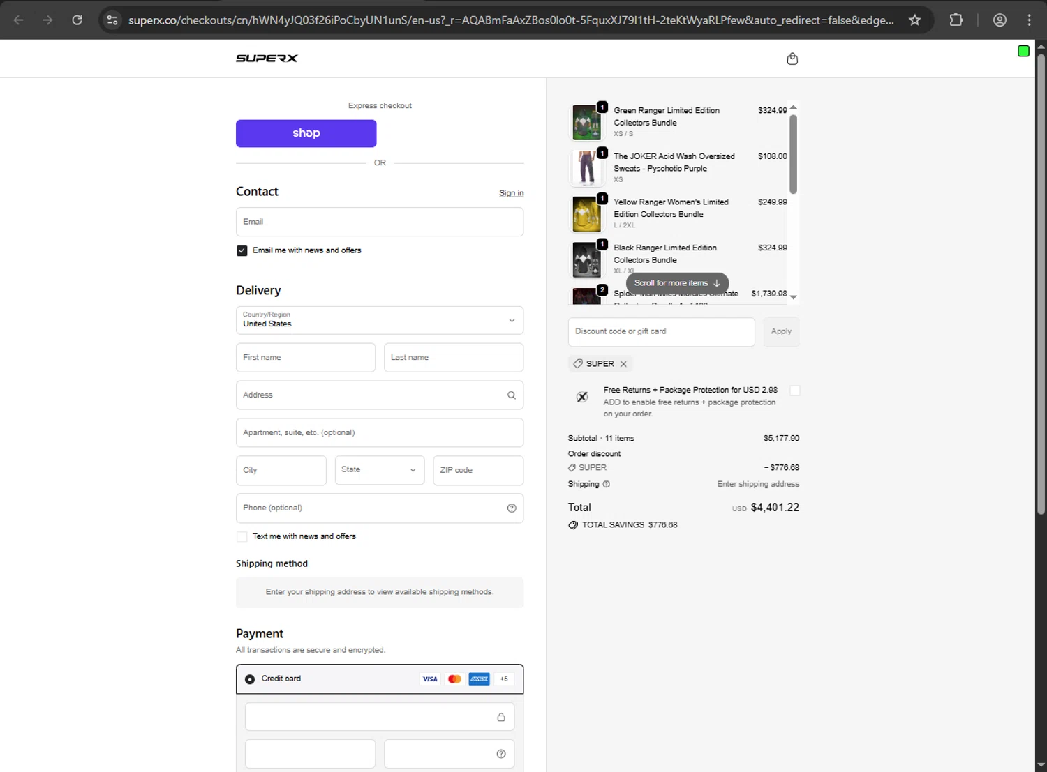 SuperX discount code screenshot showing code SUPER applied at SuperX checkout page. Uploaded by SimplyCodes community member kaiser2 on Nov 6, 2025