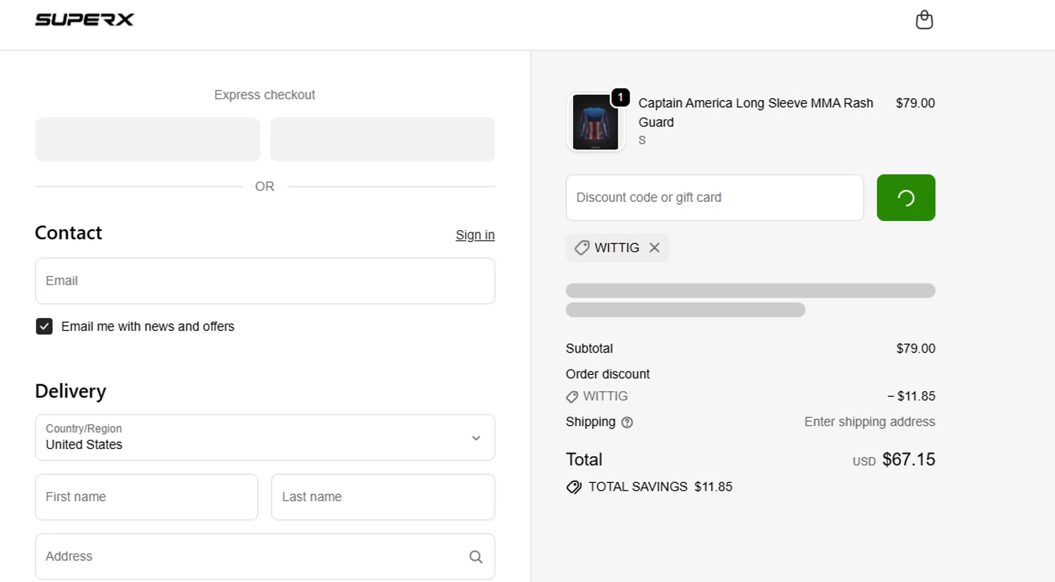 SuperX discount code screenshot showing code Wittig applied at SuperX checkout page. Uploaded by SimplyCodes community member TreasureWarden2401 on Nov 6, 2025