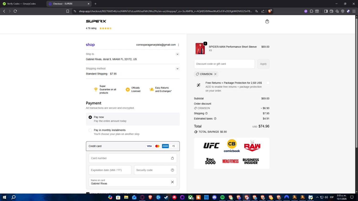 SuperX discount code screenshot showing code CRIMSON applied at SuperX checkout page. Uploaded by SimplyCodes community member ElPelao on Jan 15, 2026