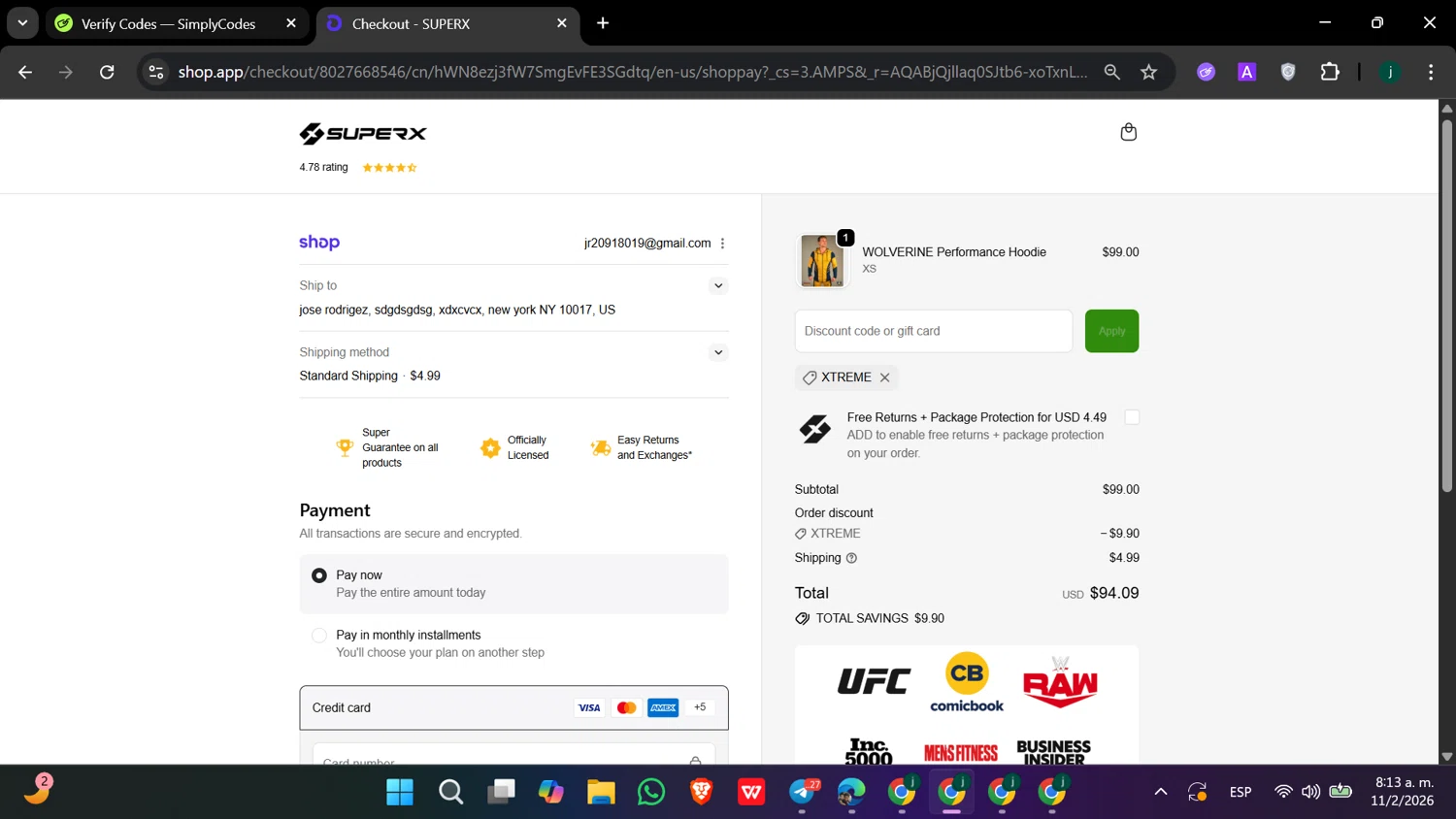 SuperX discount code screenshot showing code XTREME applied at SuperX checkout page. Uploaded by SimplyCodes community member hanzell2 on Feb 11, 2026