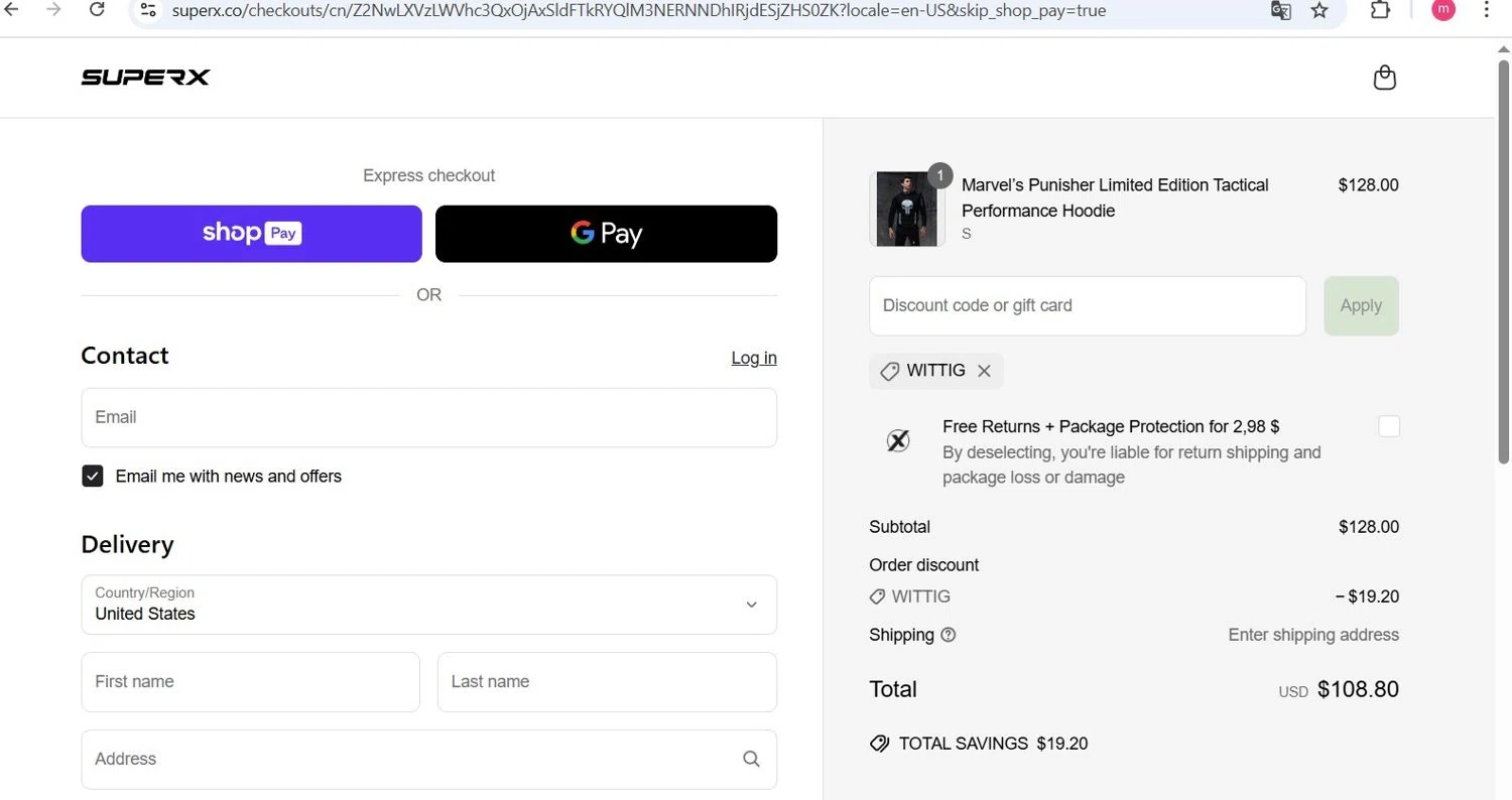 SuperX discount code screenshot showing code Wittig applied at SuperX checkout page. Uploaded by SimplyCodes community member Milaya on May 29, 2025