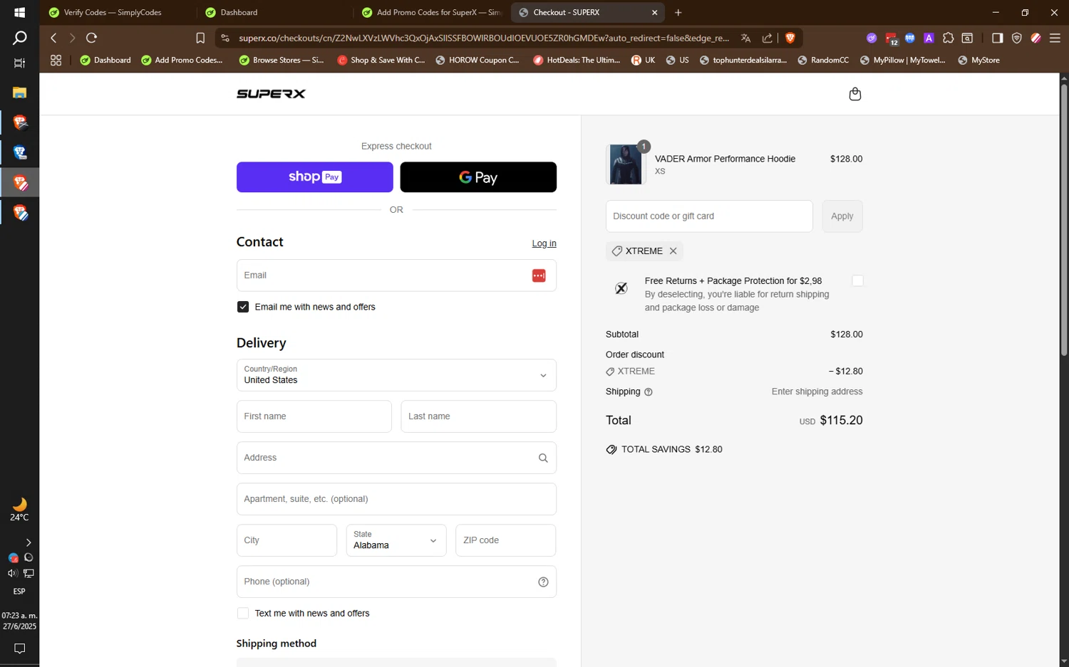 SuperX discount code screenshot showing code XTREME applied at SuperX checkout page. Uploaded by SimplyCodes community member ilarrazaM1 on Jun 27, 2025