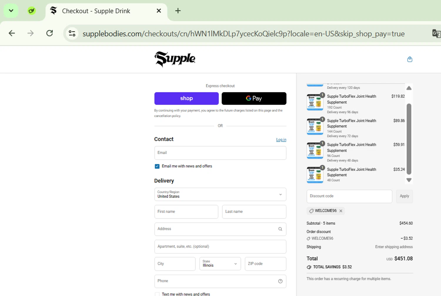 Supple Drink promo code screenshot showing code WELCOME96 applied at Supple Drink checkout page. Uploaded by SimplyCodes community member SavingsPhoenix2740 on Aug 13, 2025