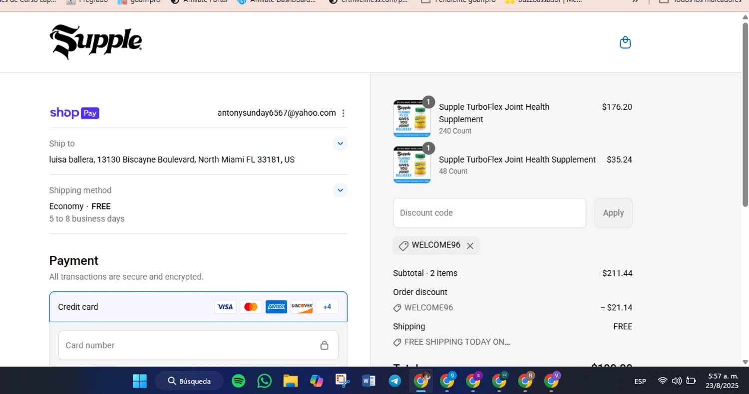 Supple Drink promo code screenshot showing code WELCOME96 applied at Supple Drink checkout page. Uploaded by SimplyCodes community member luisaballera on Aug 23, 2025