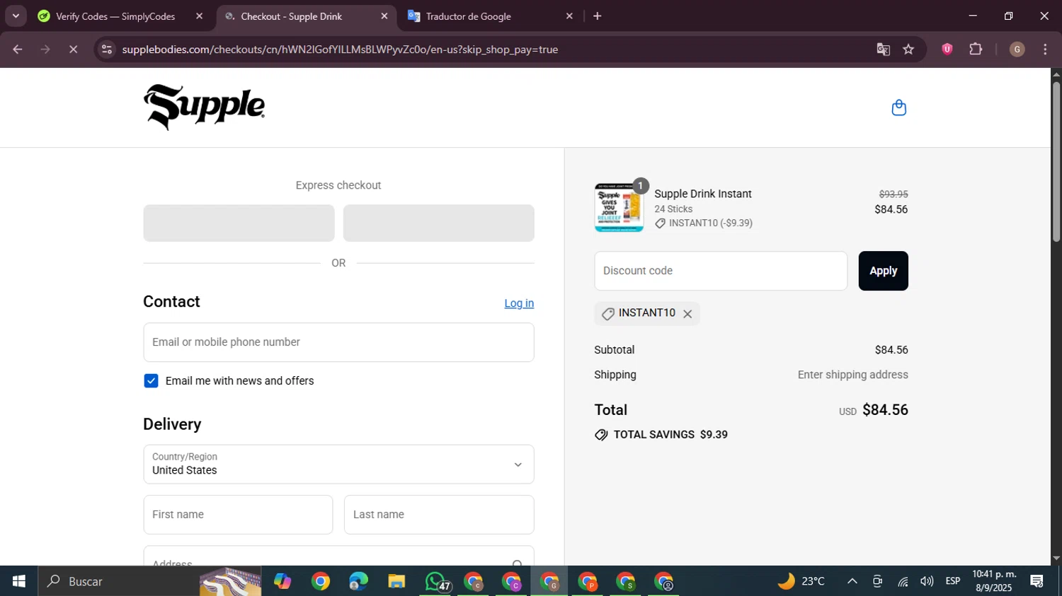 Supple Drink promo code screenshot showing code INSTANT10 applied at Supple Drink checkout page. Uploaded by SimplyCodes community member BrilliantTracker4207 on Sep 9, 2025