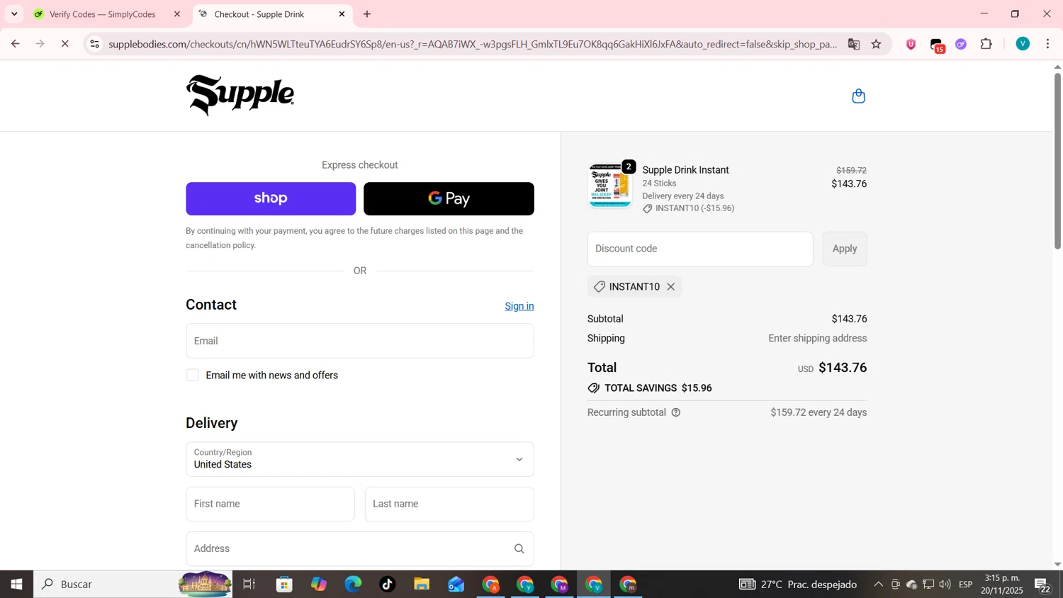 Supple Drink promo code screenshot showing code INSTANT10 applied at Supple Drink checkout page. Uploaded by SimplyCodes community member lyffytaro on Nov 20, 2025